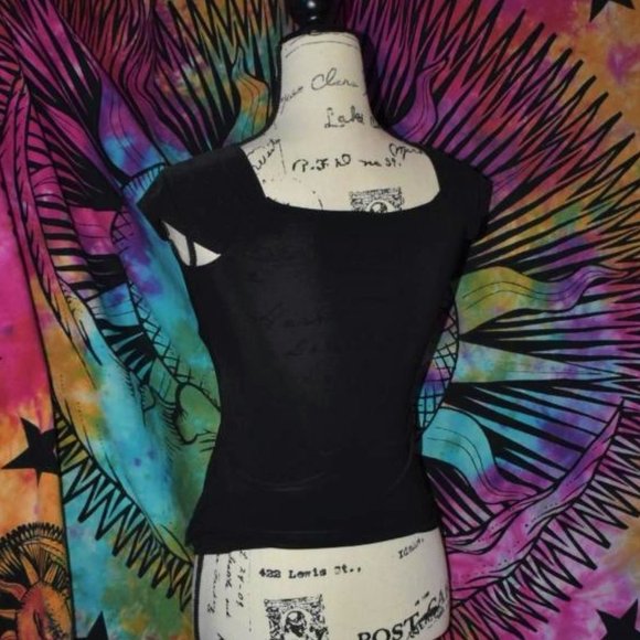 Form-Fitting Black Cap Sleeve Peasant Top Winged Low-Cut Empire Waist S XS - Picture 3 of 3